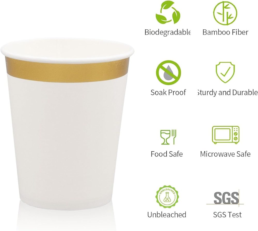 100 Pack Gold Rimmed Paper Cups, 9oz Disposable Paper Cups Bulk, Cold and Hot Drink Paper Cups for Tea Coffee Water Milk Juice Paper Cup Party Wedding Birthday Drinking Cup Party Tableware Supplies - Image 6