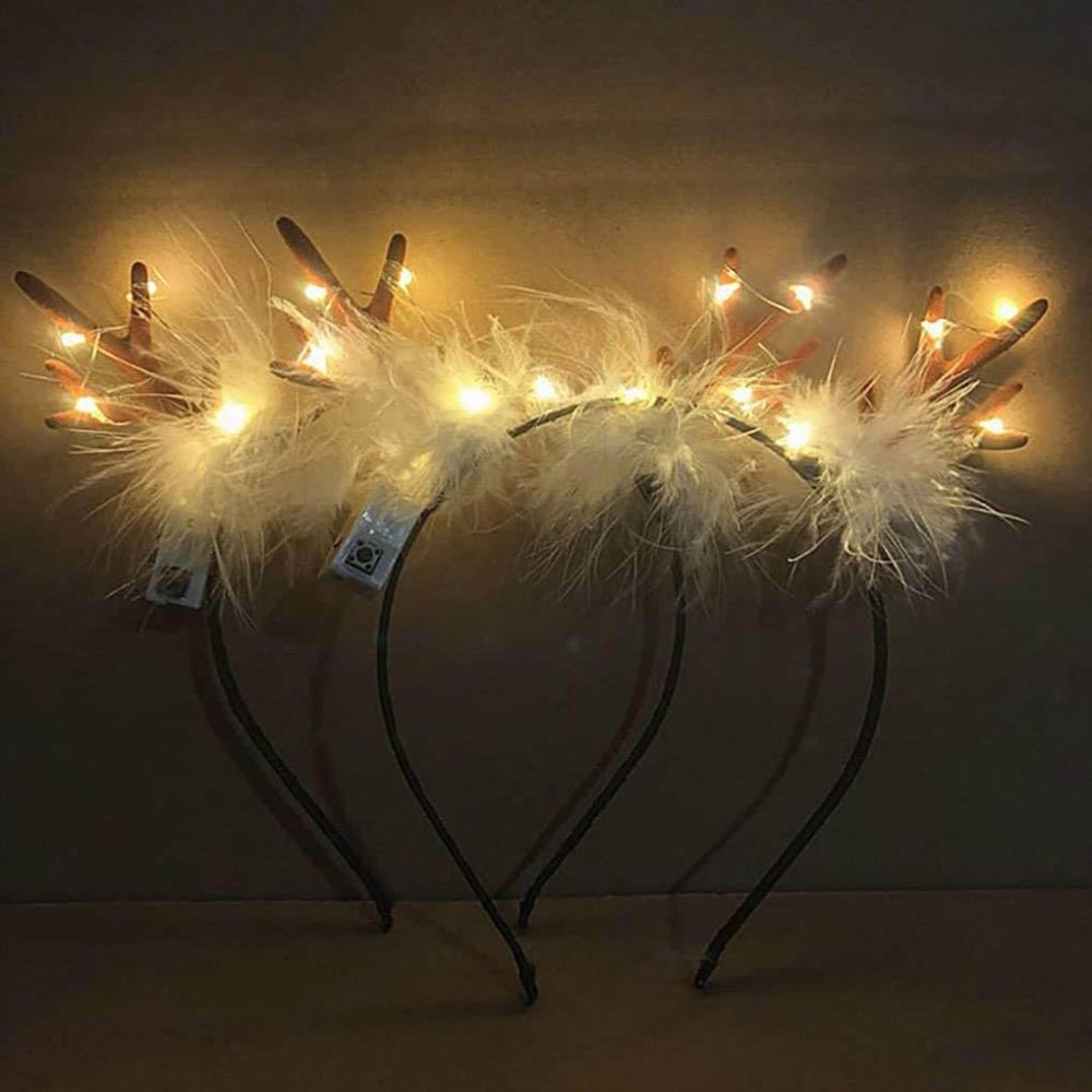 Clataly LED Light up Headband Glowing Reindeer Antlers Hair Accessories Luminous Tiara Christmas Party Hair Hoop Feather Headwear for Women Girls (Warm light C)