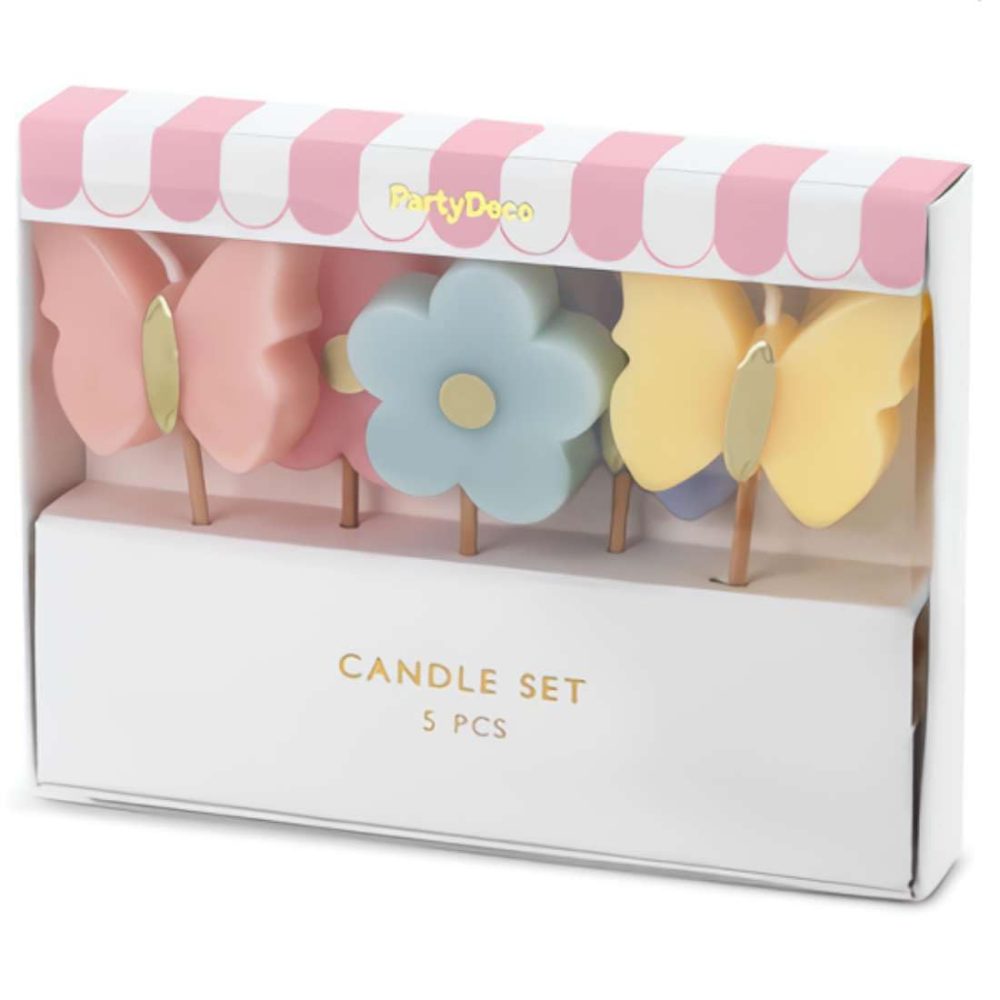 Pack of 5 Butterfly & Flower Birthday Cake Candles | Pastel Theme Coloured Cake Decorations | Assorted Colours