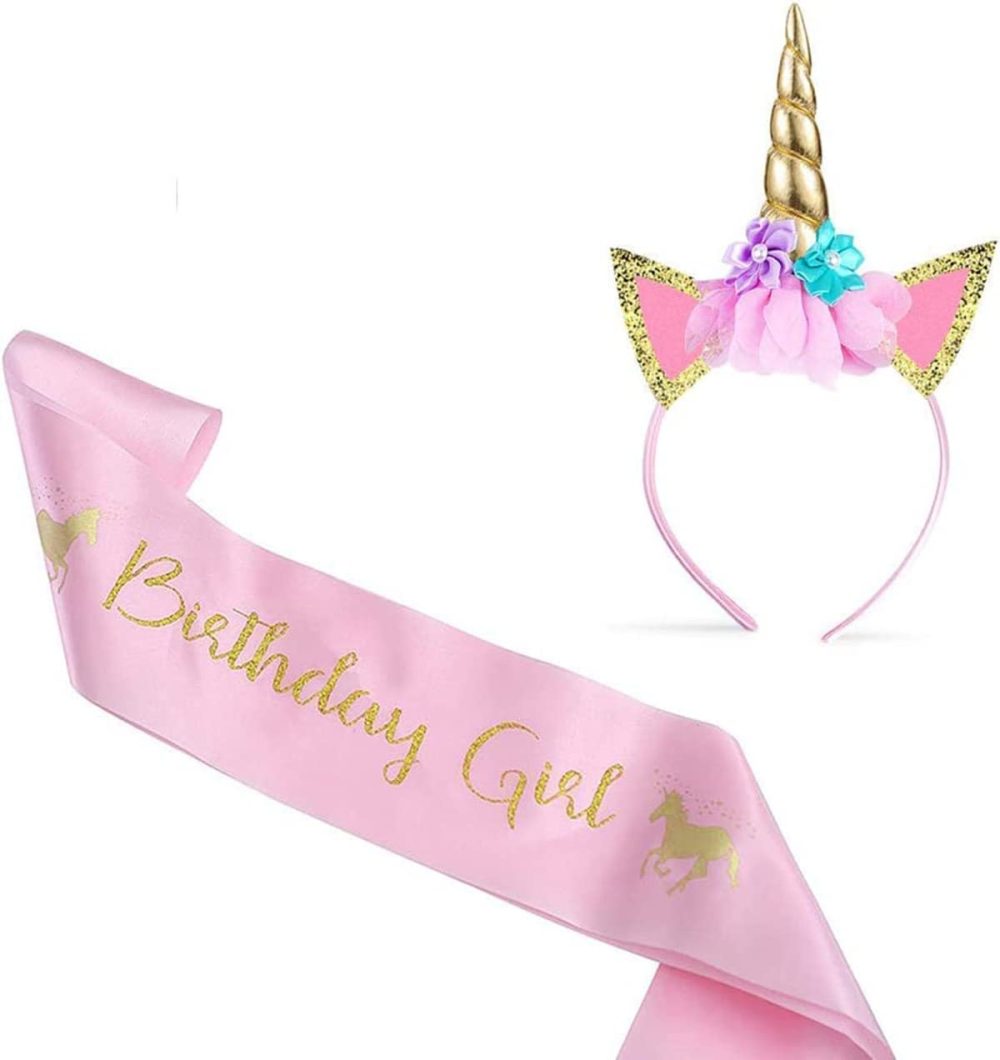 MaoNativey Unicorn Headband and Birthday Girl Sash Gold Unicorn Birthday Cake Decoration Party Supplies for Girls Birthday Party Birthday Cosplay Festivals