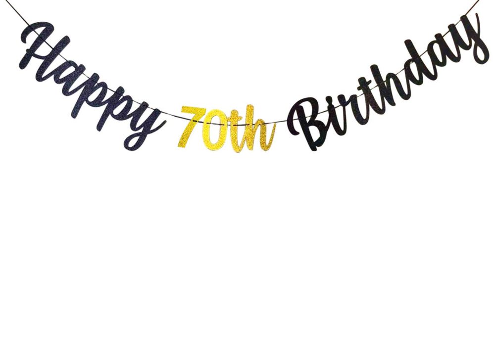 bng-bng 70th Happy Birthday Banner Black and Gold 70th Birthday Bunting Glitter Letter Garland for 70 years old Birthday Party Decorations Backdrop