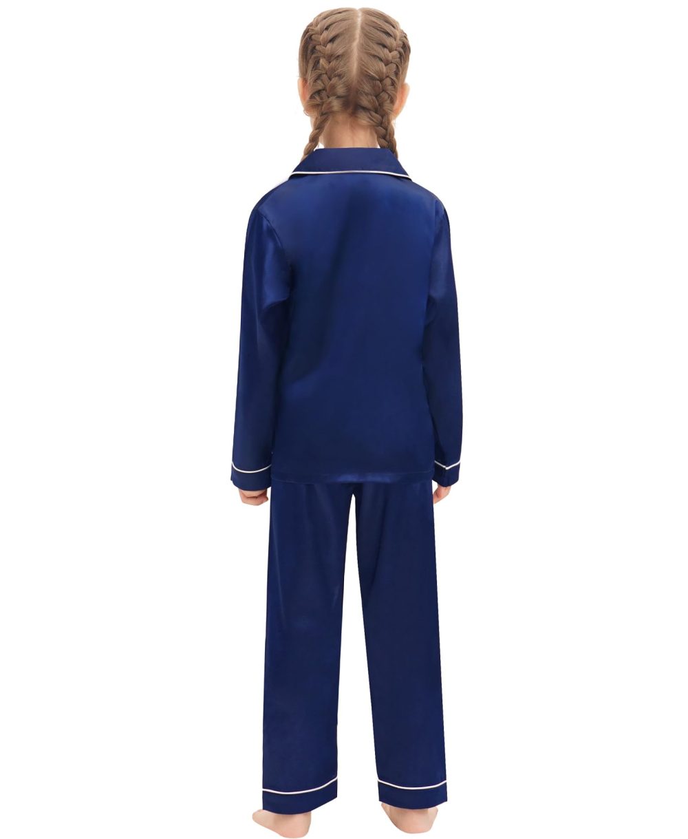 SWOMOG Family Matching Pyjamas Set Silk Satin Button Down Sleepwear Long Sleeve Nightwear 2 Pcs Pj Set Family Navy Blue 110 - Image 3