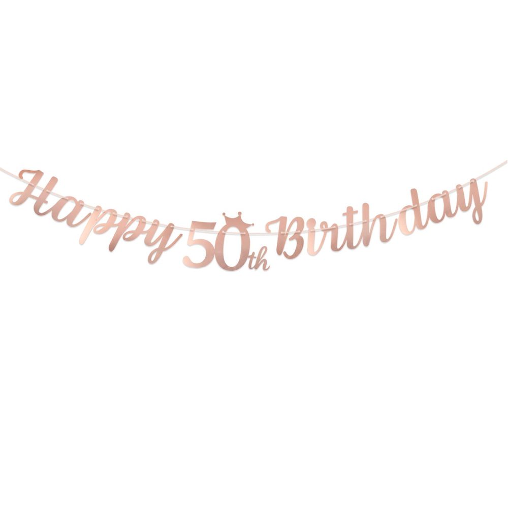 Happy 50th Birthday Banner Crown Garlands Backdrop Bunting Fifty Years Old Anniversary Photo Booth Background DIY Party Decoration Supplies for Boys or Girls Living Room(Rose Gold)