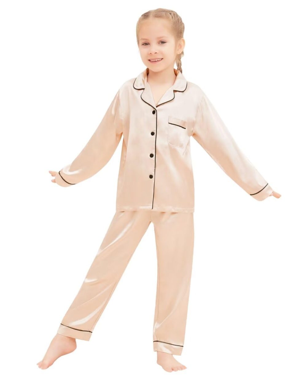 SWOMOG Family Matching Pyjamas Set Silk Satin Button Down Sleepwear Long Sleeve Nightwear 2 Pcs Pj Set Family Champagne 110