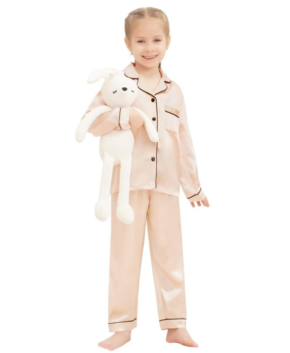 SWOMOG Family Matching Pyjamas Set Silk Satin Button Down Sleepwear Long Sleeve Nightwear 2 Pcs Pj Set Family Champagne 110 - Image 6