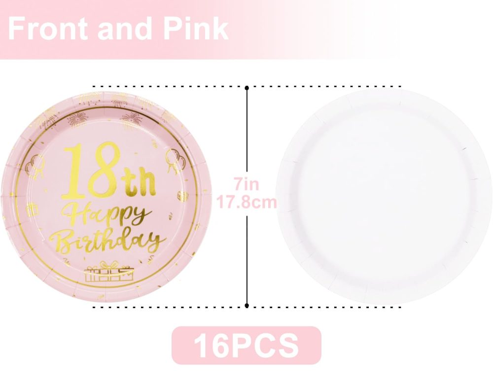 16Pcs Pink Gold 18th Birthday Paper Plates 7",Birthday Tableware Party Plate Disposable,Happy 18th Birthday Decorations Plates for Boys,Girls,Kids,Him,Her 18th Birthday Party Decorations Supplies - Image 6