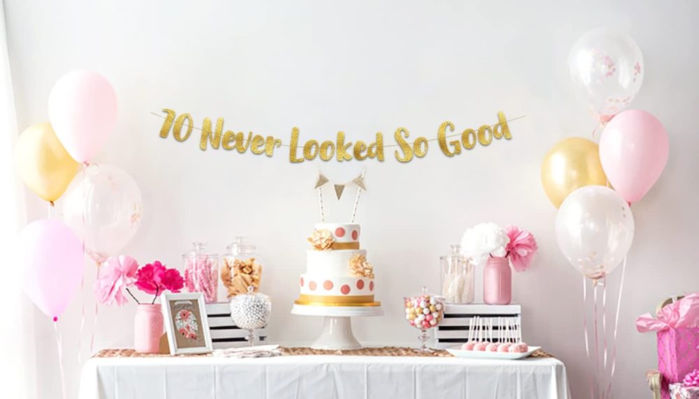 70 Never Looked So Good Gold Glitter Banner - 70th Anniversary and Birthday Party Decorations - Image 2