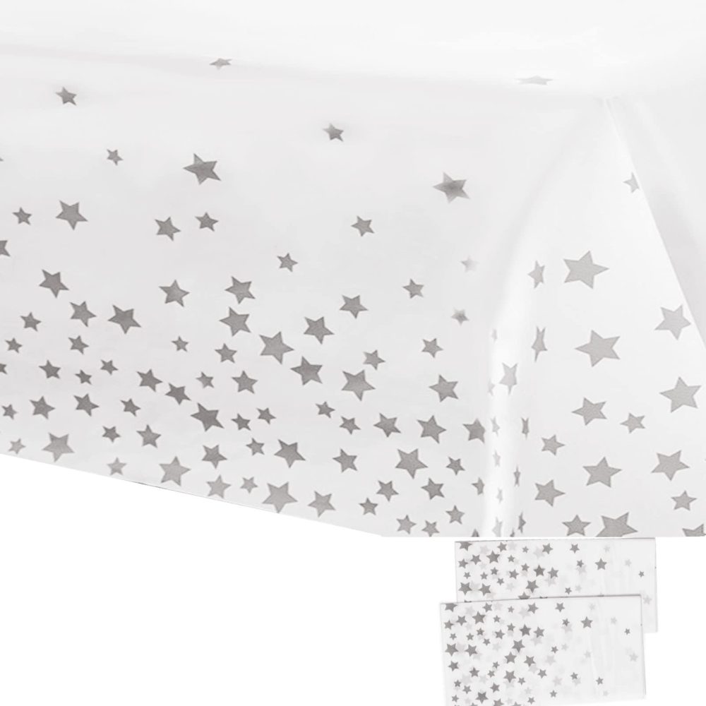 2Pcs 137*274cm White and Silver Disposable TableCloths Party Paper Plastic TableCloth,Silver Star Rectangular Waterproof Table Cover for Picnic,Baby Shower,Wedding,Christmas,Birthday Party Decor