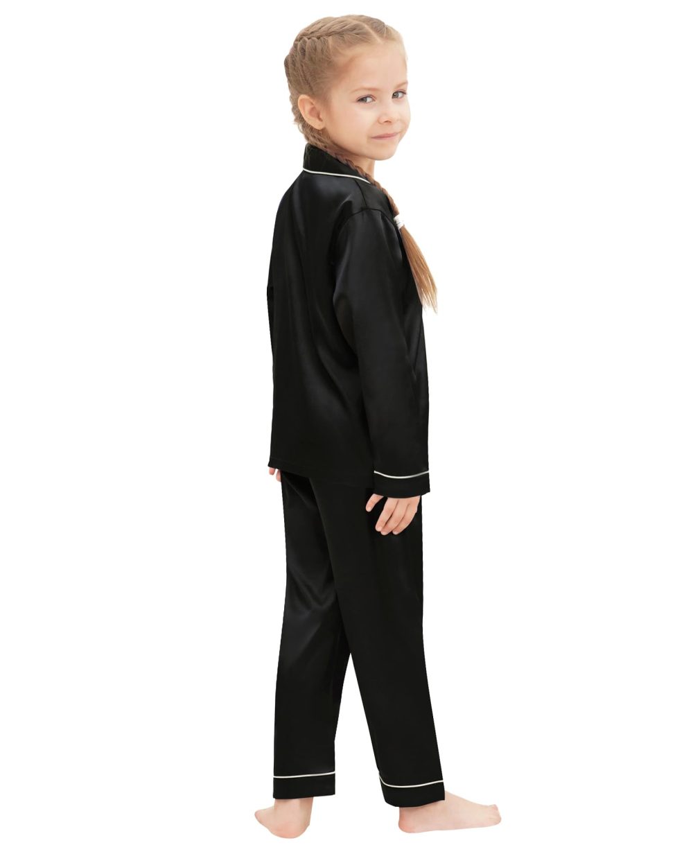 SWOMOG Family Matching Pyjamas Set Silk Satin Button Down Sleepwear Long Sleeve Nightwear 2 Pcs Pj Set Family Black 110 - Image 4