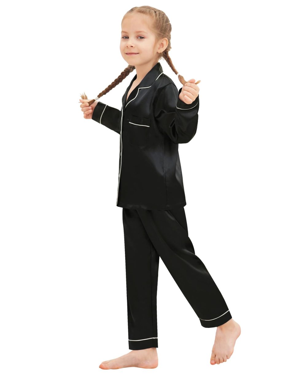 SWOMOG Family Matching Pyjamas Set Silk Satin Button Down Sleepwear Long Sleeve Nightwear 2 Pcs Pj Set Family Black 110 - Image 5