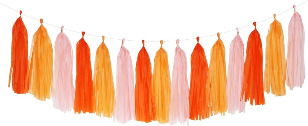 Pink-Orange Groovy Party-Decorations Tassel-Garland - 15pcs Fall Autumn Thanksgiving Harvest Tassels, Birthday Baby Bridal Shower Engagement Wedding Decor