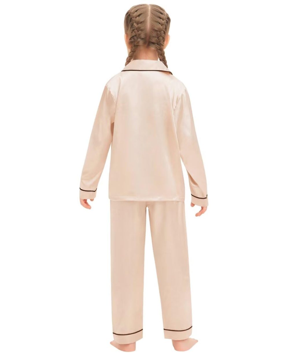 SWOMOG Family Matching Pyjamas Set Silk Satin Button Down Sleepwear Long Sleeve Nightwear 2 Pcs Pj Set Family Champagne 110 - Image 3