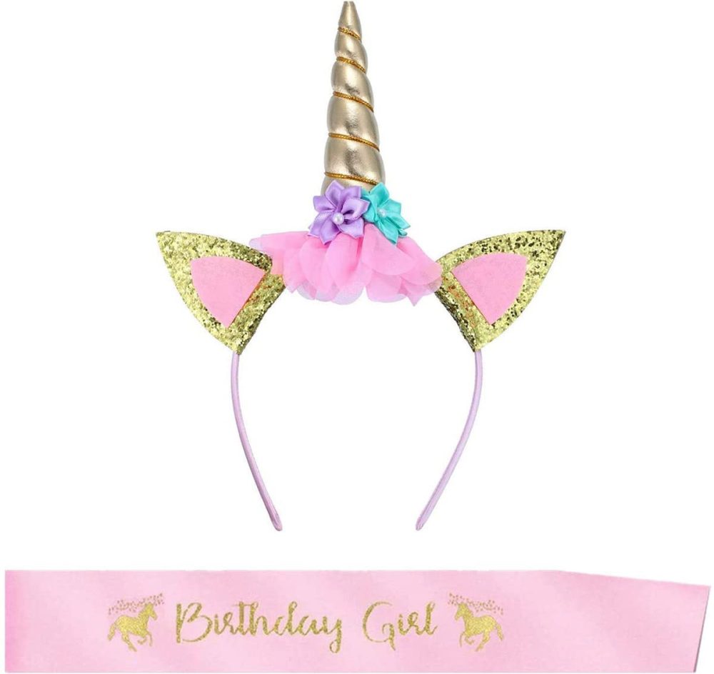MaoNativey Unicorn Headband and Birthday Girl Sash Gold Unicorn Birthday Cake Decoration Party Supplies for Girls Birthday Party Birthday Cosplay Festivals - Image 5