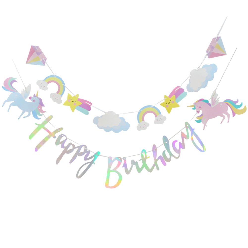 2 Pack Unicorn Party Decorations Rainbow Supplies, Personalised Cartoon Fairy Happy Themed Favors Bunting Banners with Sparkle Gold Glitter Unicorn Birthday Decorations for Kids Girls Wall Door Decor