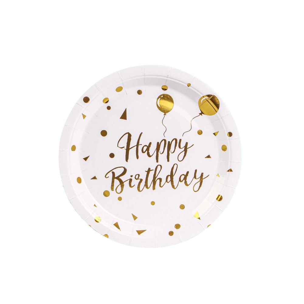 EVYIENEN 50PCS Happy Birthday Party Paper Plates，7inch Disposable White and Gold Plates Set，Party Tableware Party Supplies for Birthday Decorations (White and Gold, 7inch)
