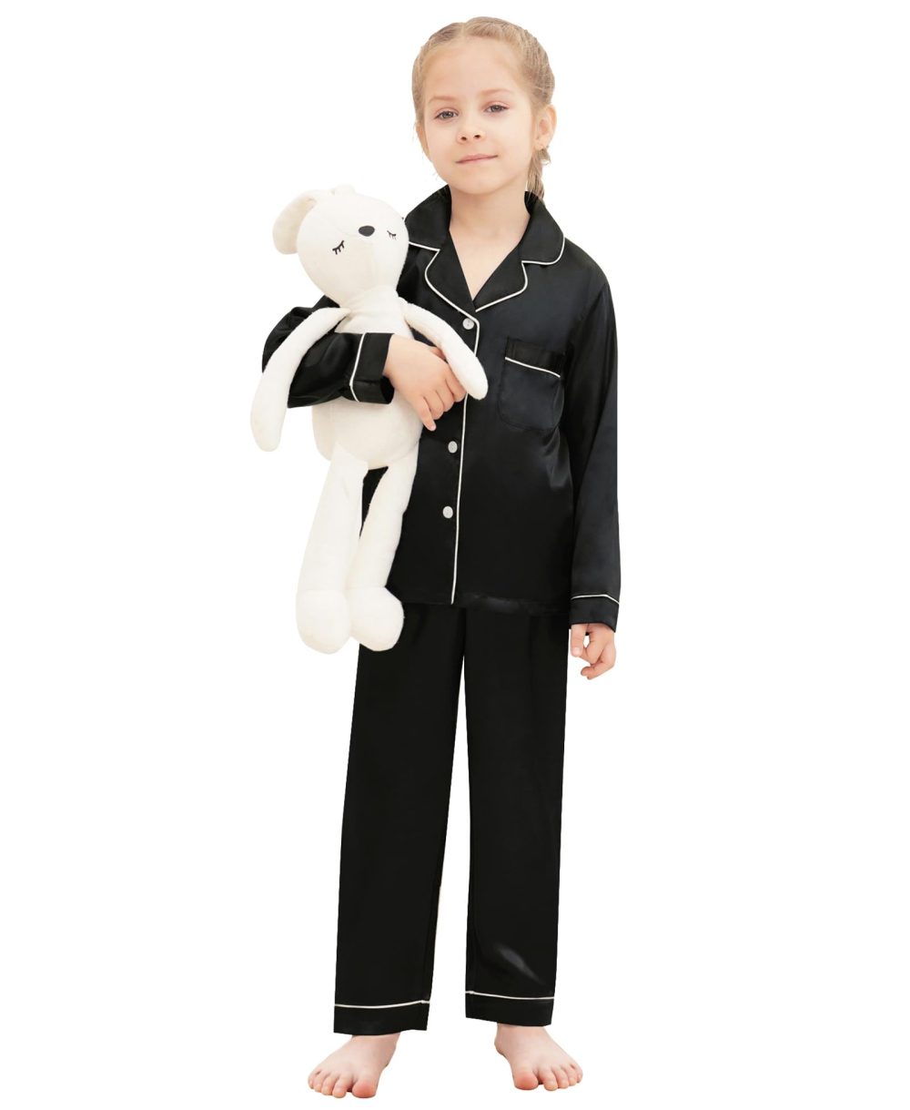 SWOMOG Family Matching Pyjamas Set Silk Satin Button Down Sleepwear Long Sleeve Nightwear 2 Pcs Pj Set Family Black 110 - Image 6