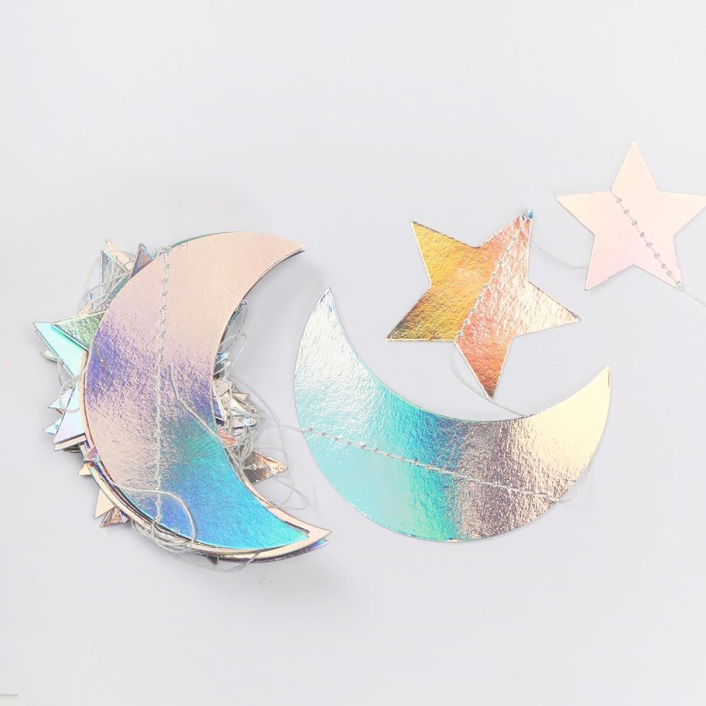 OURUOLA Iridescent Disco-Holographic Party-Decorations Moon-Star Garland - 62Ft Twinkle Little Star Hanging Neon Streamers Banner,Eid Ramadan Mubarak Decoration Birthday Wedding Baby Shower Decor - Image 6