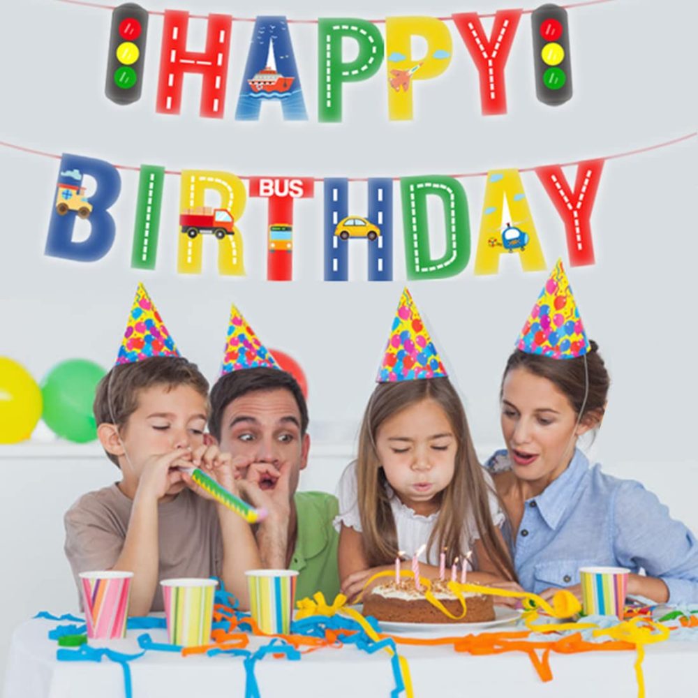 SAMHENG Transportation Birthday Party Decorations Set, Traffic Light Happy Birthday Photo Props Banner Flags with Car Bus Train Plane Ship Transport Theme Spiral Hanging Decoration Supplies - Image 2