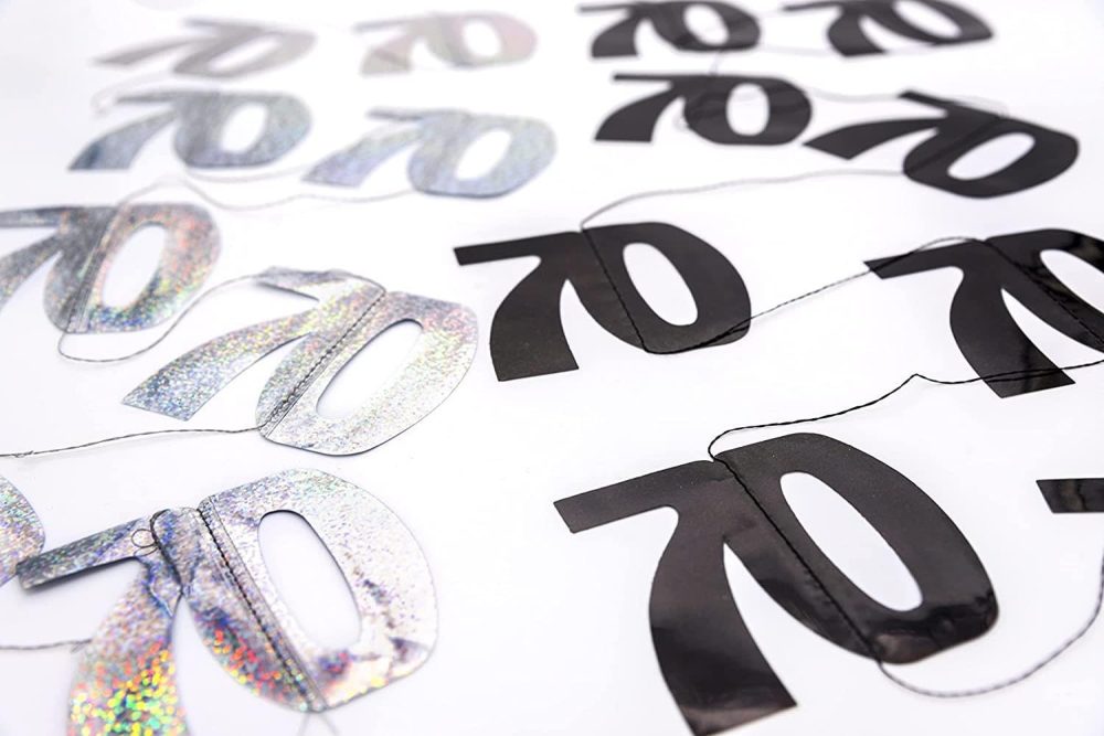 70th Glitz Black and Silver Anniversary Birthday Metallic Hanging String Shiny Foil Banner Party Door Wall Decorations Pack of 6 - Image 2