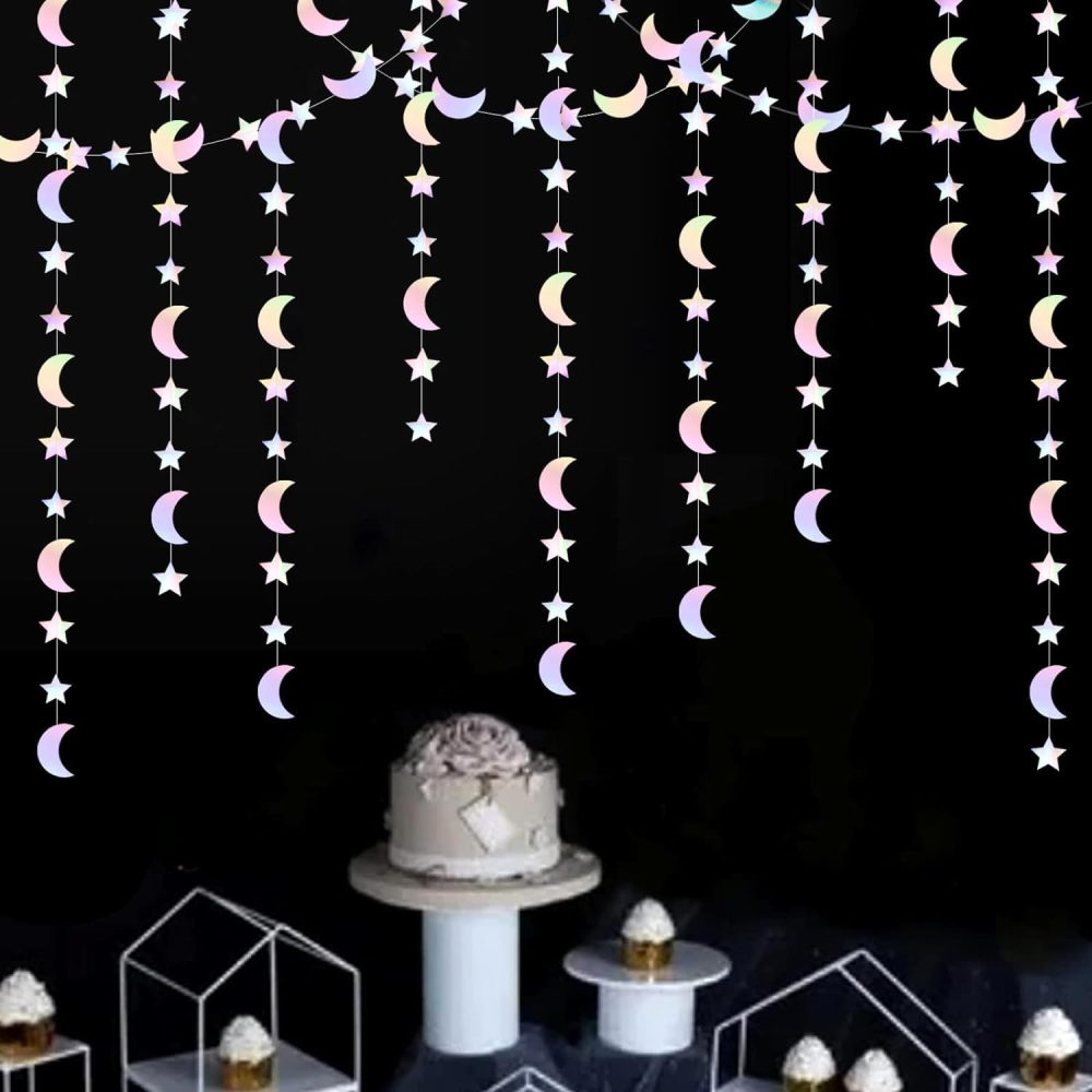 OURUOLA Iridescent Disco-Holographic Party-Decorations Moon-Star Garland - 62Ft Twinkle Little Star Hanging Neon Streamers Banner,Eid Ramadan Mubarak Decoration Birthday Wedding Baby Shower Decor - Image 5