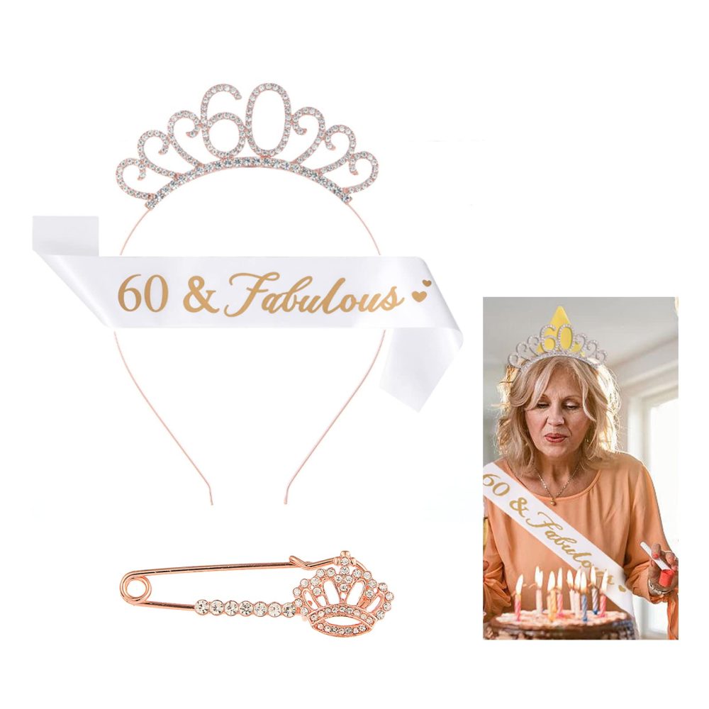 60th Birthday Decorations for Women Birthday Gifts Crown and Sash With Pin Crystal Crown Headband Sash Accessories for Birthday Party
