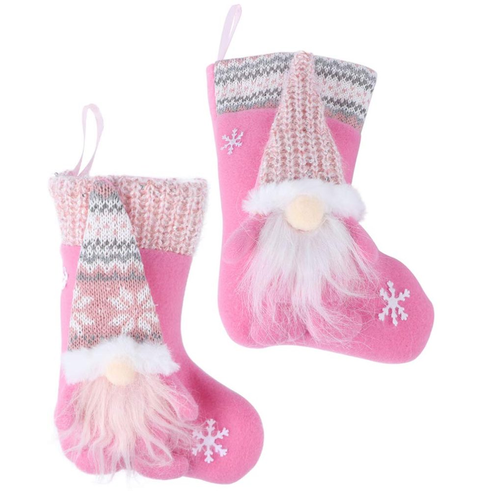 2pcs Christmas Stockings Set 3D Large Xmas Stockings Plush Faux Fur Cuff Family Hanging Socks Bag for Xmas Tree Holiday Season Party Decor (Pink)