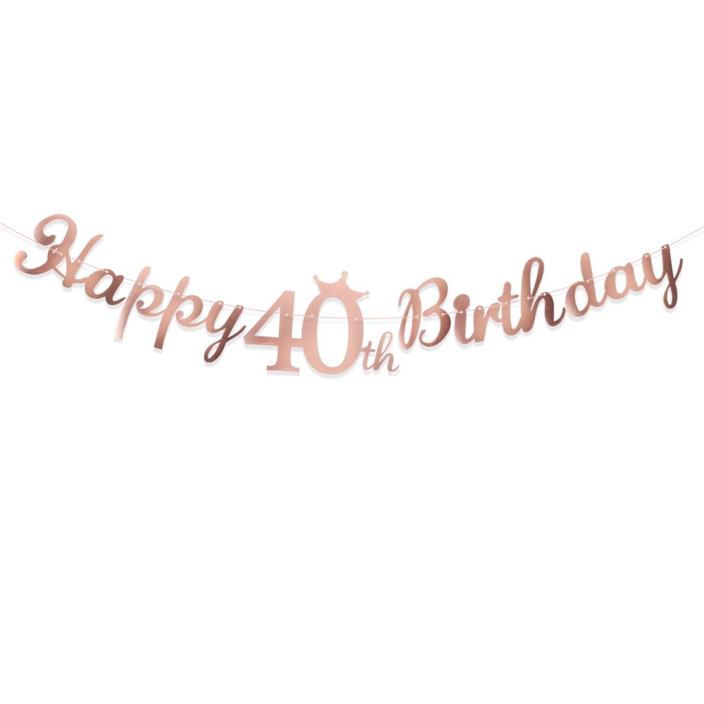 Happy 40th Birthday Banner Crown Garlands Backdrop Bunting Forty Years Old Anniversary Photo Booth Background DIY Party Decoration Supplies for Boys or Girls Living Room (Rose Gold)
