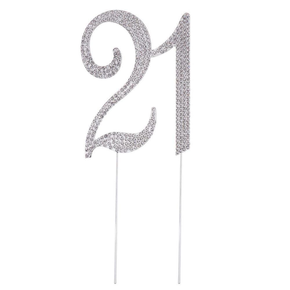 TOYMYTOY 21 Cake Topper for 21th Birthday Party or Anniversary Crystal Rhinestones Decorative Cake Topper for Party Supplies (Silver)