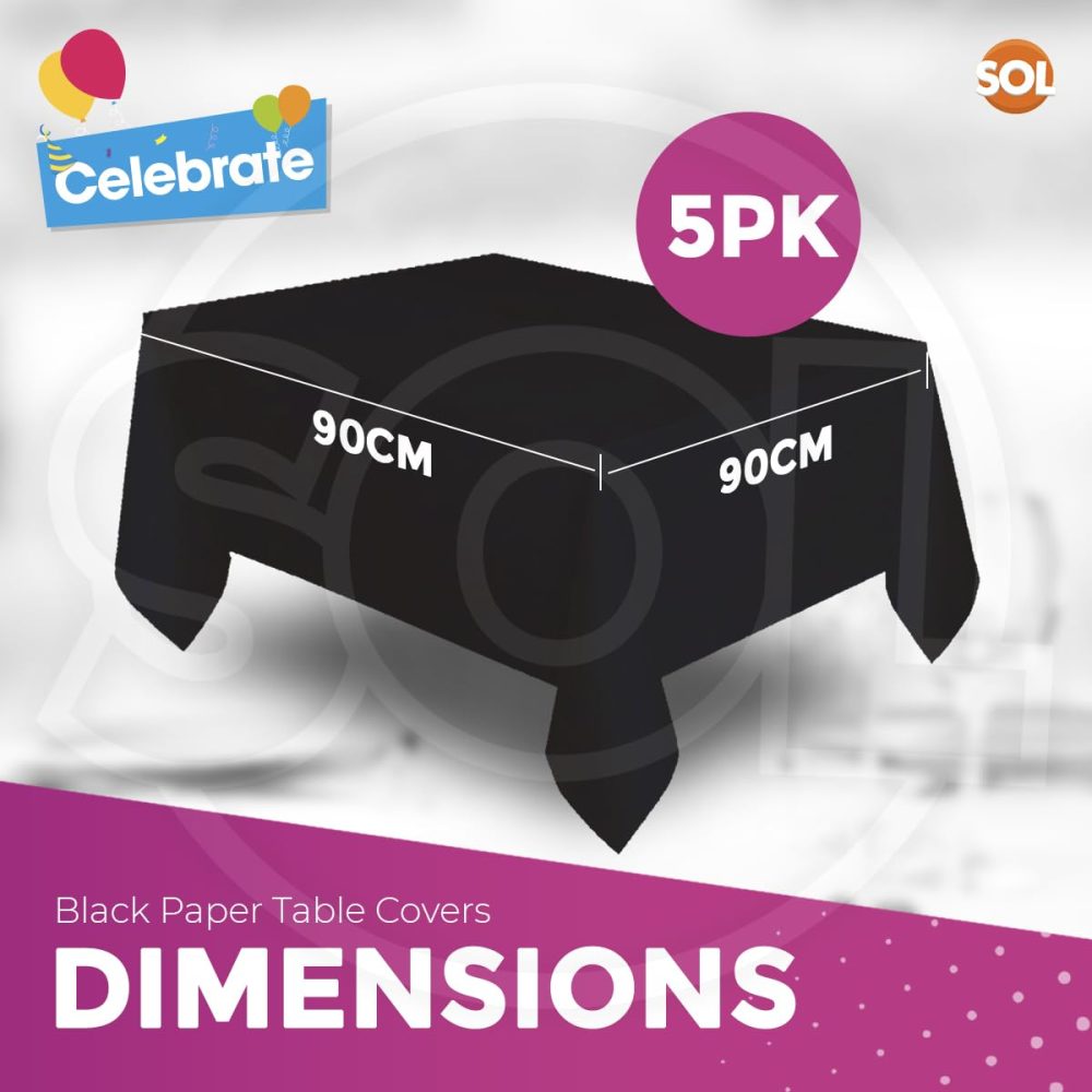 SOL 5pk Black Paper Table Cover 90 x 90cm Paper Tablecloths for Parties Black Table Cloth Party Paper Table Cloths Disposable Tablecloths Paper Table Cloth Black Table Cover Black Paper Tablecloth - Image 6