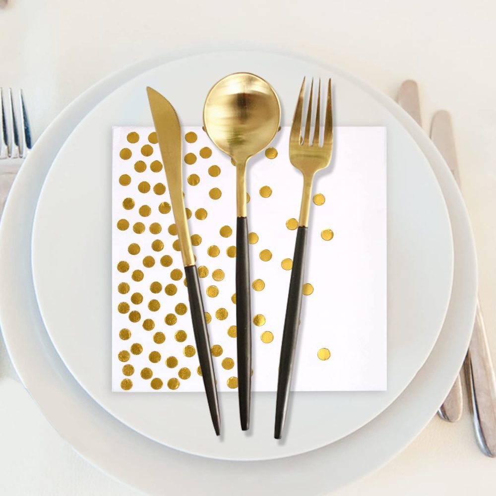 20PCS Gold Napkins Disposable 6.4X6.4 Inch White and Gold Party Napkins Cocktail Serviettes Napkins Birthday Golden Wedding Anniversary Napkins Baby Shower Paper Napkins Gold Dots Bridal Shower Napkin - Image 7