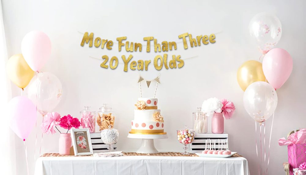 More Fun Than Three 20 Year Olds Gold Glitter Banner - Happy 60th Birthday Party Banner - 60th Birthday Party Decorations and Supplies - 60th Wedding Anniversary Decorations - Image 4