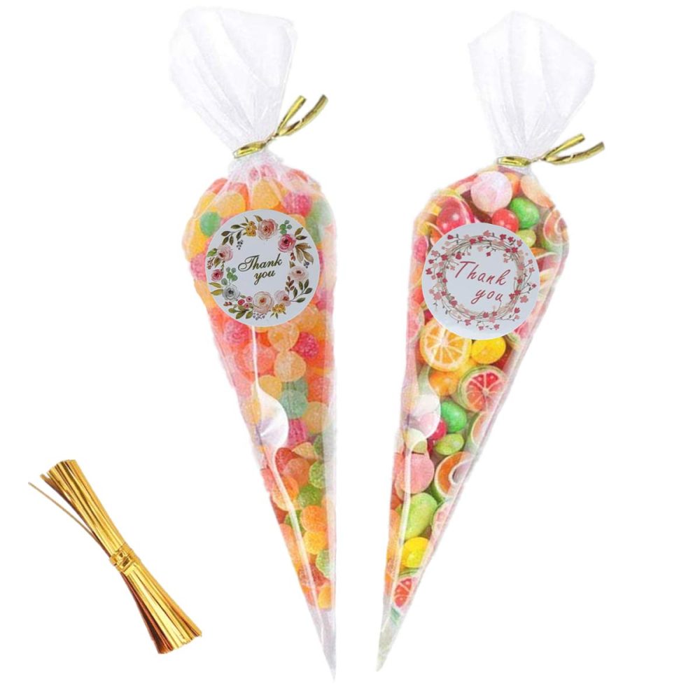 Large Sweet Cone Bags, 100Pcs 37 x 17cm Clear Treat Bags with Gold Twist Ties and Stickers, Triangle Cellophane Bag for Party Snacks Candy Popcorn Chocolates Cookies Crafts Gifts