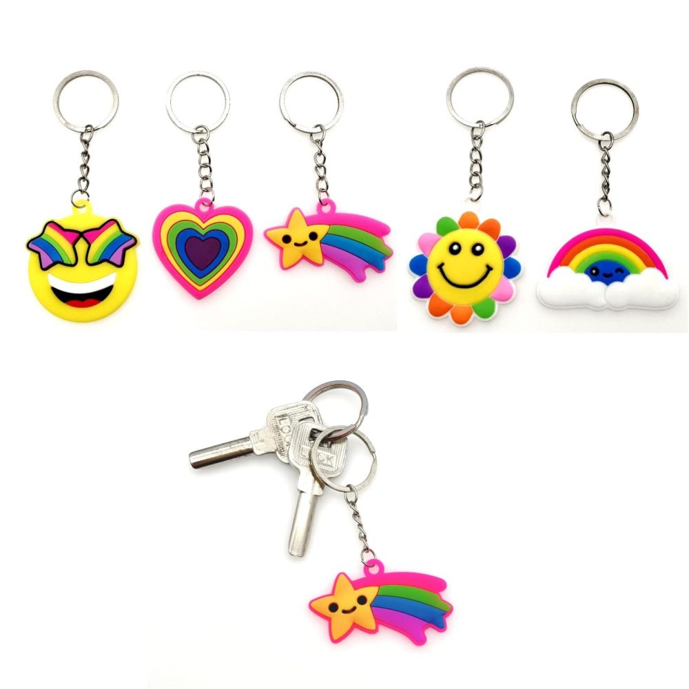 JZK 30 Pcs Rainbow keyrings set for kids, rubber smile face keychains for children birthday party favours, kids party bag fillers, kids party thankyou gift giveaway gifts - Image 4