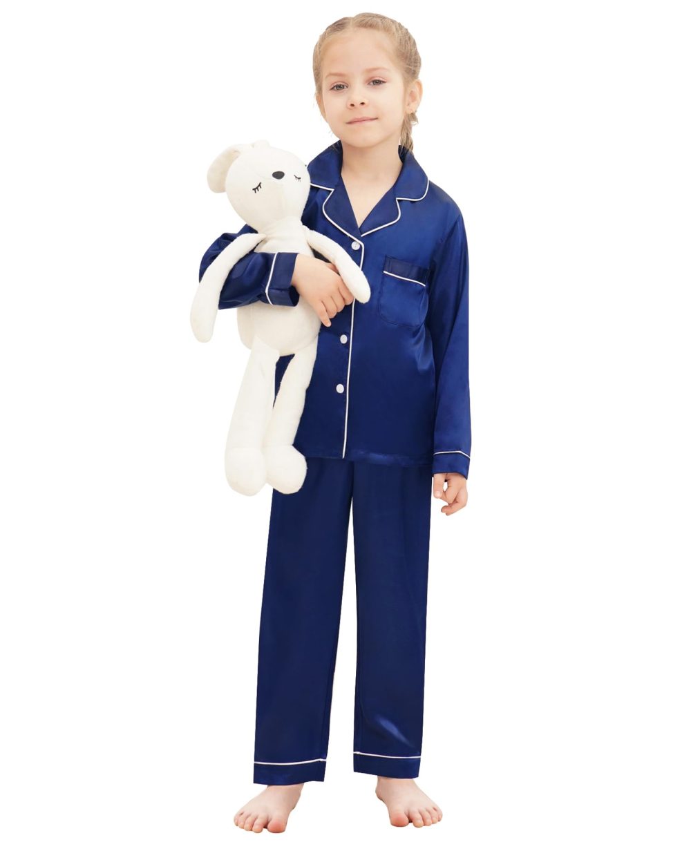 SWOMOG Family Matching Pyjamas Set Silk Satin Button Down Sleepwear Long Sleeve Nightwear 2 Pcs Pj Set Family Navy Blue 110 - Image 6