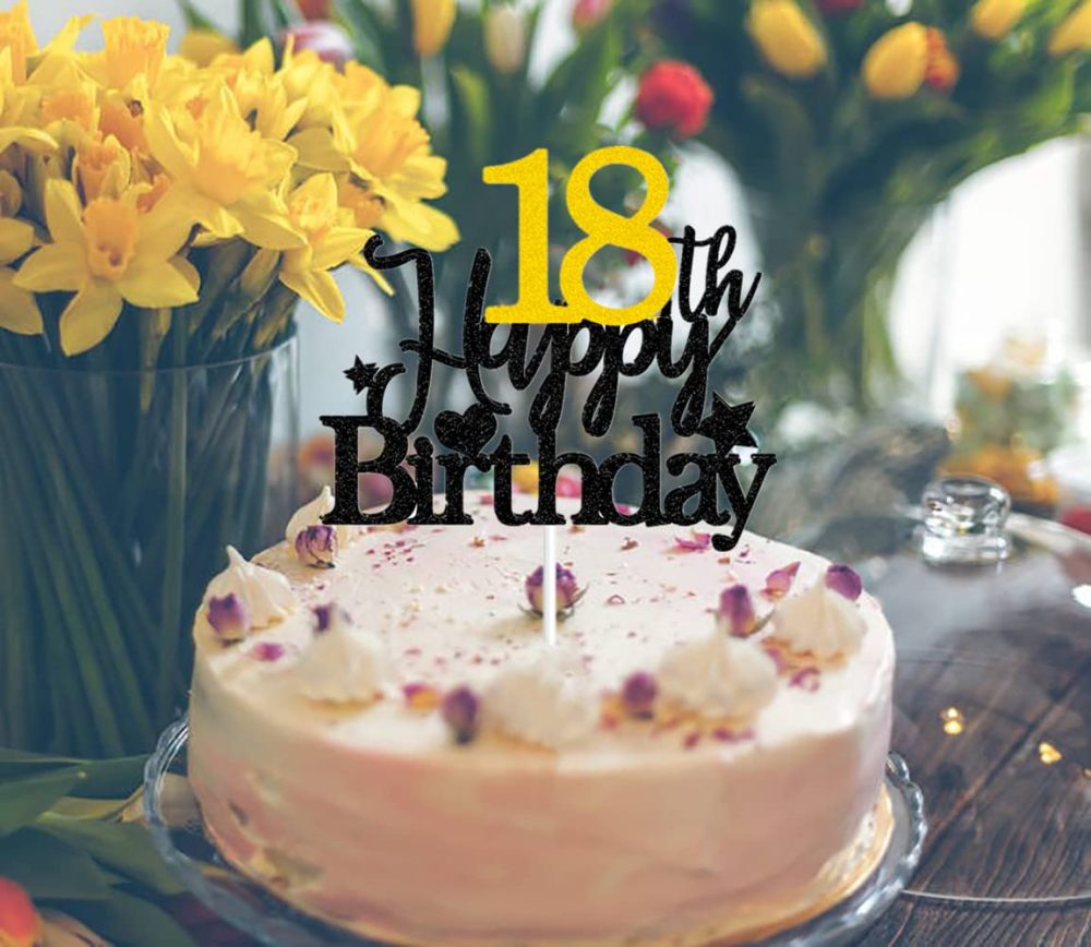 Elicola 18th Birthday Cake Toppers, with Star Topper and Confetti Balloons for 18th Boys and Girls Birthday Party Decoration Supplies Black Gold - Image 2