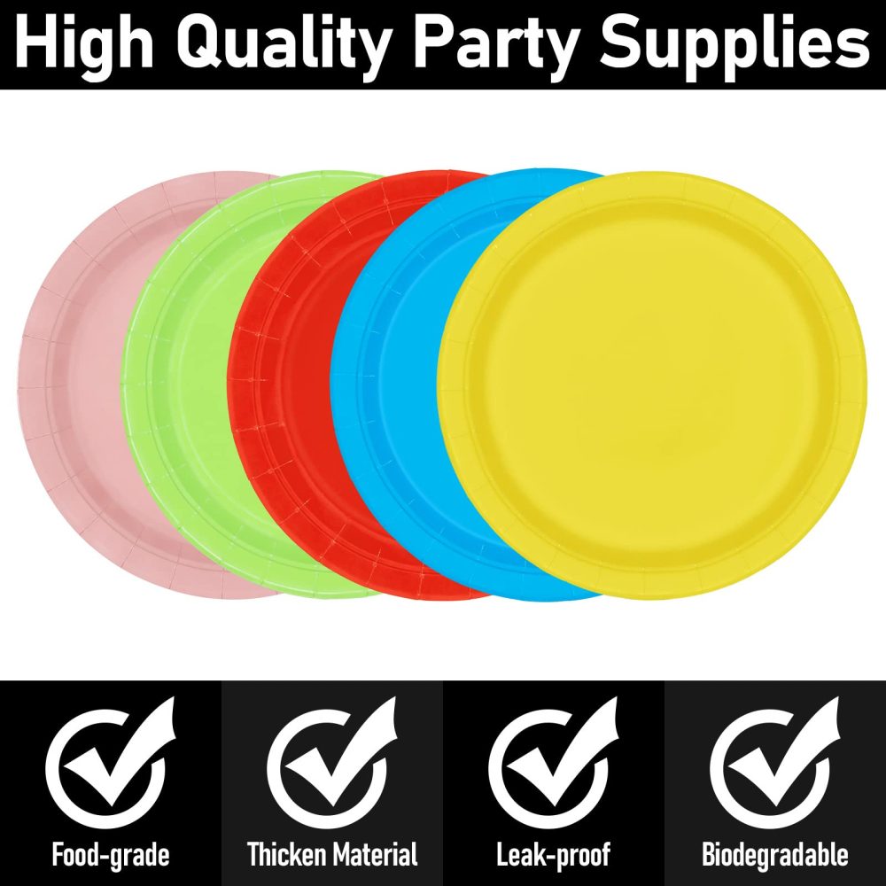 PARTY GO 50 Pcs 9" Multi-Color Paper Plates for Dinner and Dessert, Disposable Plates Party Supplies Pack for Graduation Holiday Wedding Birthday Party Decorations (Red Yellow Blue Green Pink) - Image 6