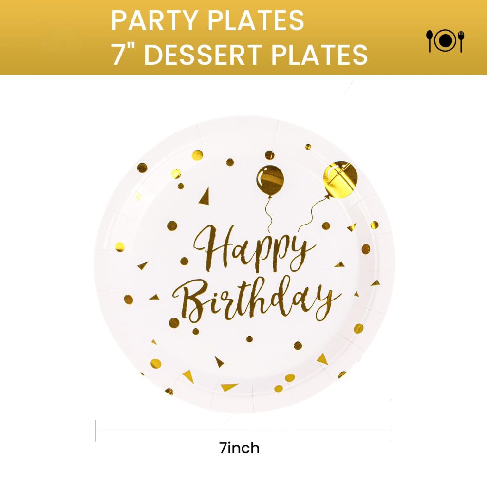 BOKFJBP 50 Pack Happy Birthday Party Paper Plates, 7 inch White and Gold Paper Plates, White Paper Plates Small Paper Plates Tableware for White and Gold Birthday Decorations - Image 7