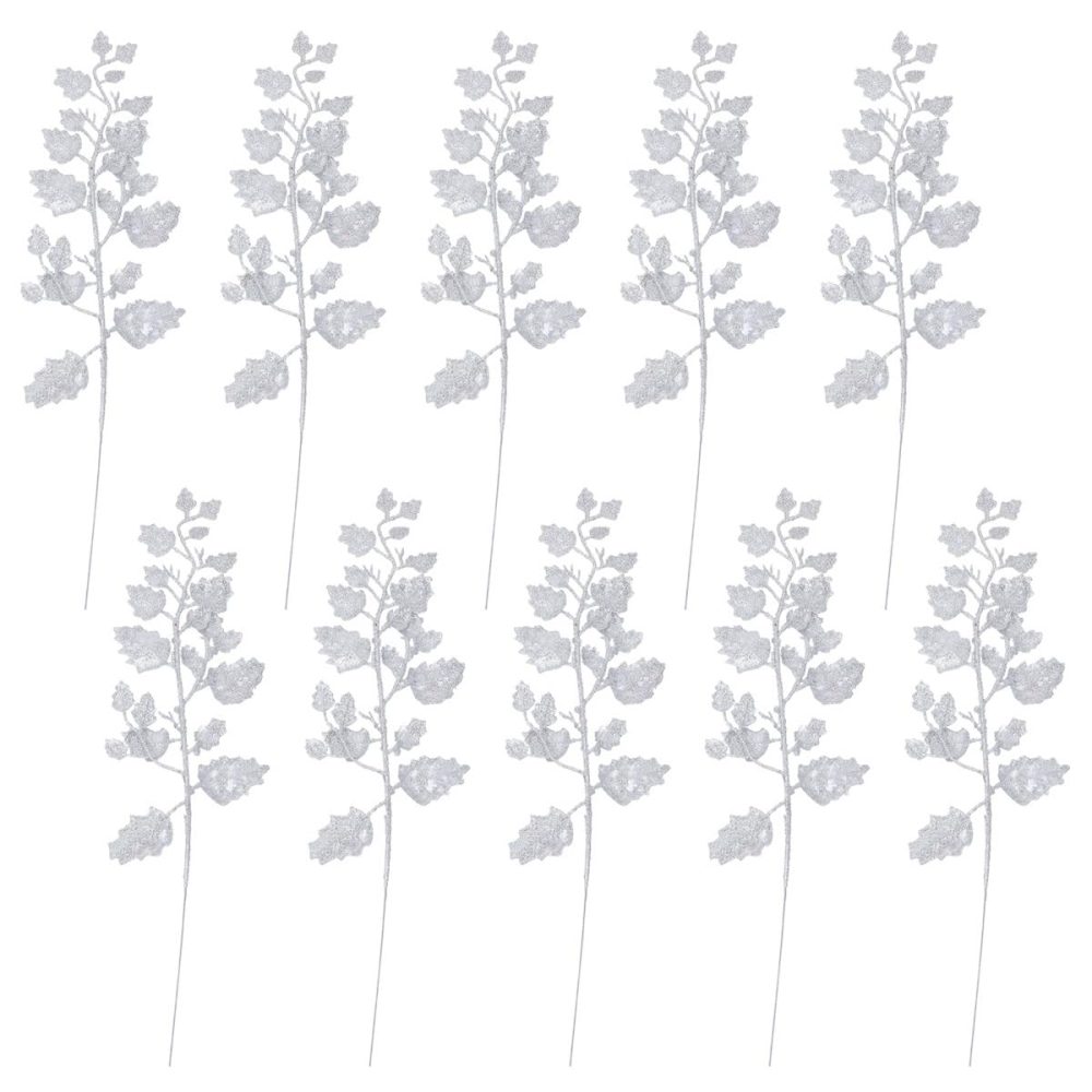 NUOBESTY 10Pcs Chinese Glitter Leaves Picks Sprays Artificial Holly Leaves Picks Stems Wired Twig Stem Fake Bunch for DIY Garland Holiday Wreath Ornament (Silver)