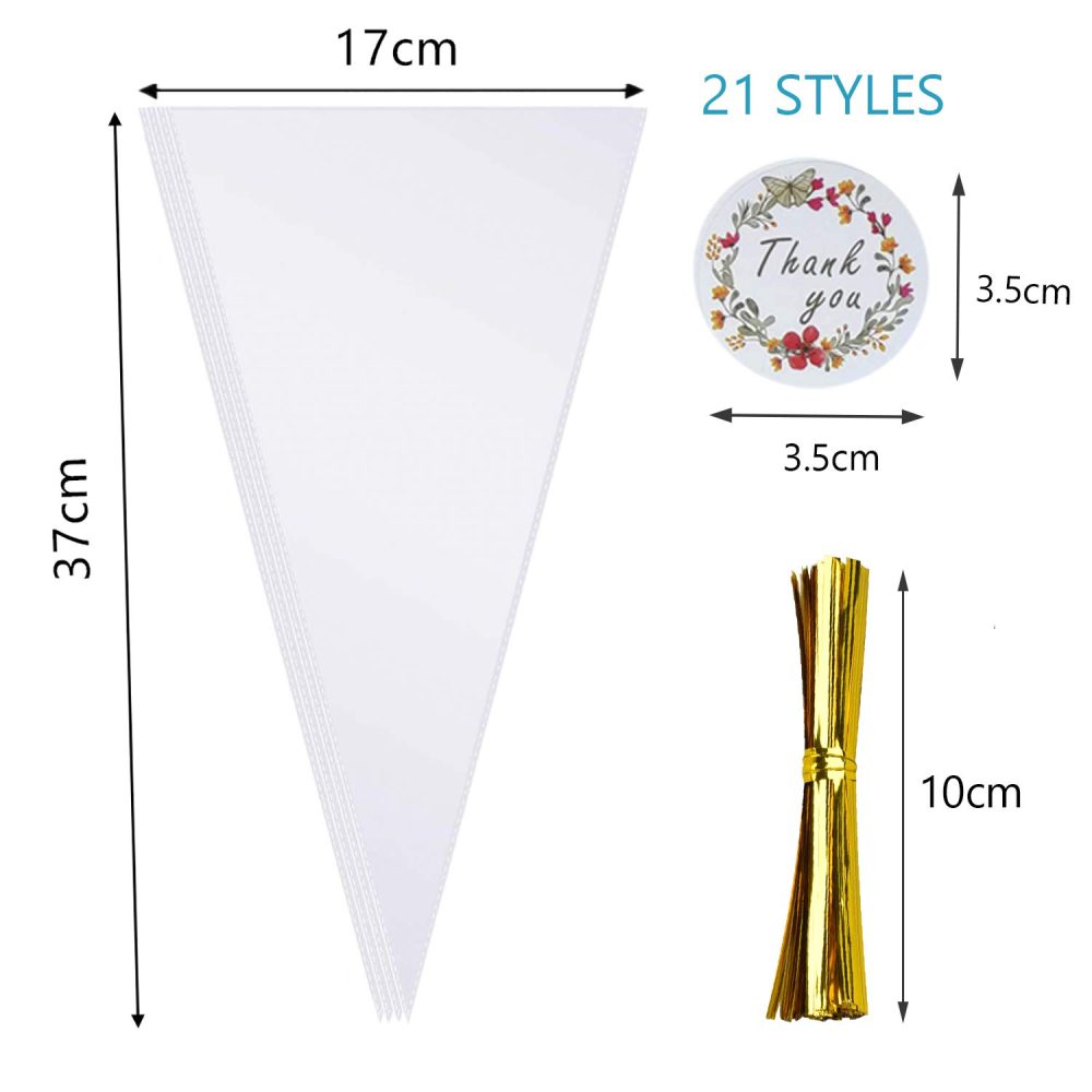 Large Sweet Cone Bags, 100Pcs 37 x 17cm Clear Treat Bags with Gold Twist Ties and Stickers, Triangle Cellophane Bag for Party Snacks Candy Popcorn Chocolates Cookies Crafts Gifts - Image 8