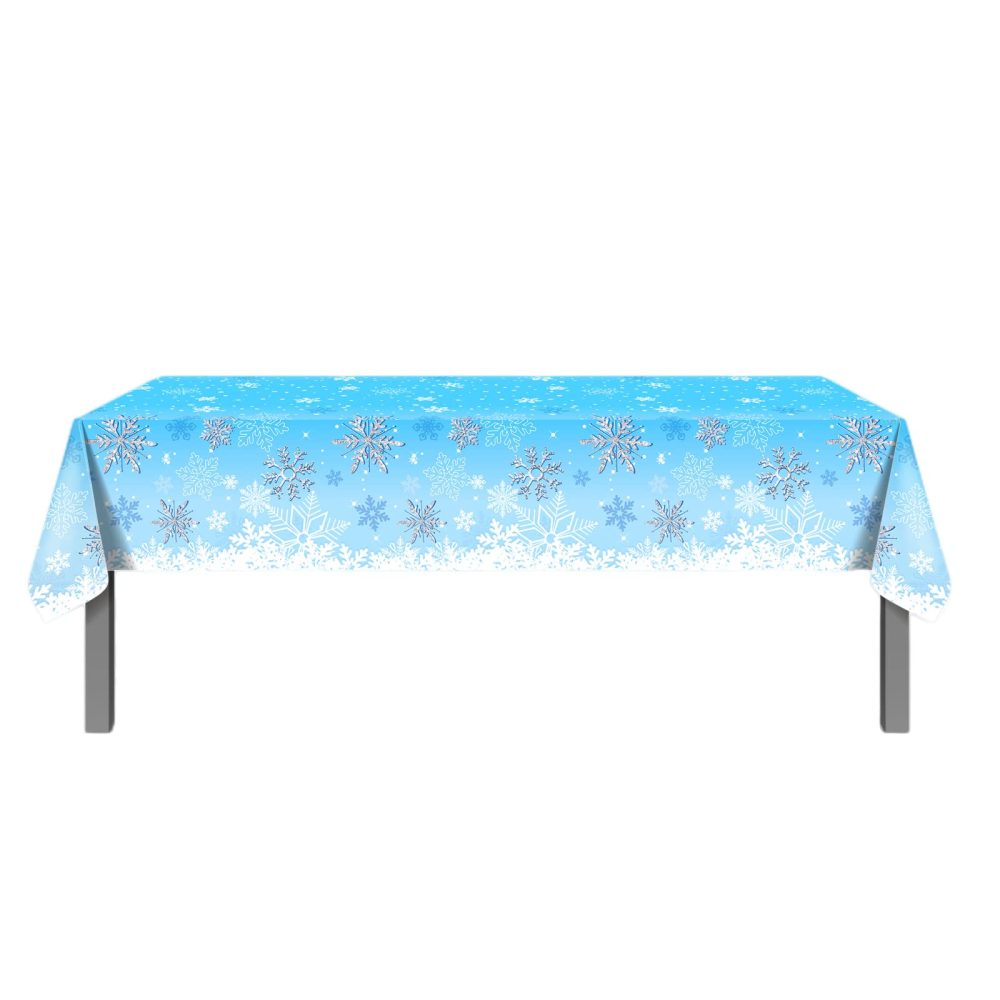 130*220cm Christmas Disposable Table Cloth Table Cover Plastic,Rectangle Waterproof Table Cloths Blue Snow Xmas Tablecloth for Christmas Winter Holiday Frozen Party Table Decoration Supplies - Image 2
