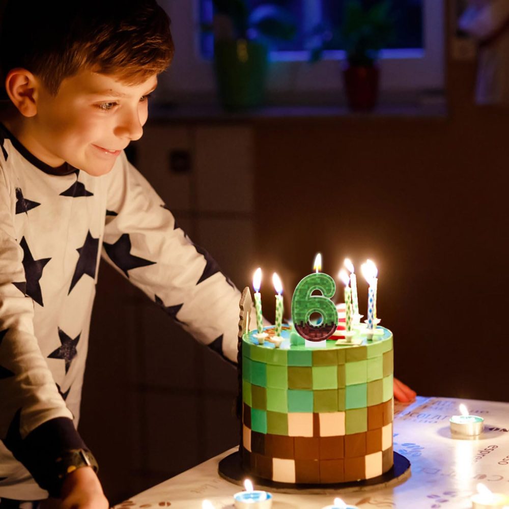 Birthday Number Candle, Green Brown Pixel Gaming Birthday Number Candles Paraffin Number Candle Cupcake Toppers Cake Decorations for Happy Birthday Party Game (Number 6) - Image 3