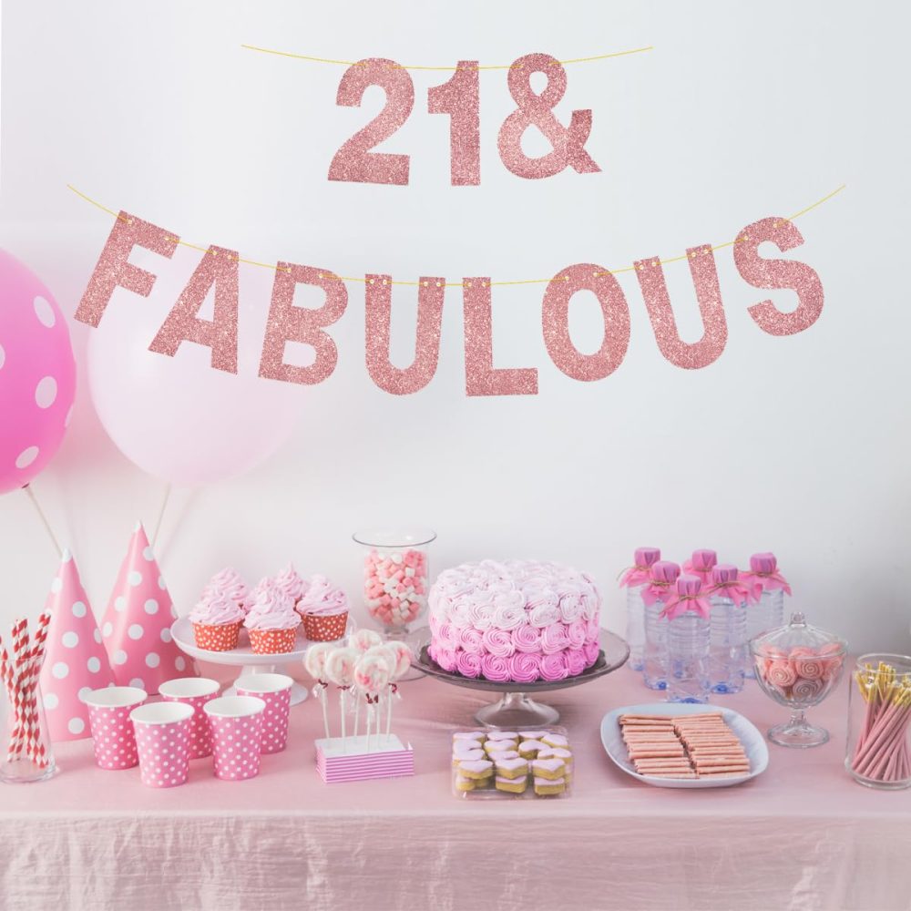 "21 & Fabulous" Birthday Banner,3M Long Rose Gold Glitter 21th Banner Great for 21th Birthday Party Decor (Rose Gold 21th) - Image 4