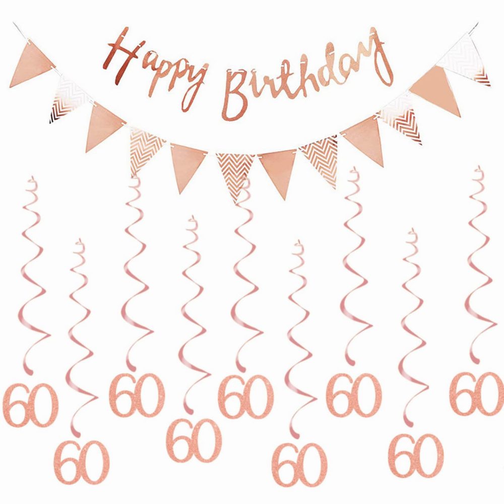 60th Birthday Banner QIHONGC Rose Gold Birthday Decorations with Hanging Swirls Streamers, 60th Birthday Decorations for Women and Men, Anniversary Celebration , Party Decoration Supplies