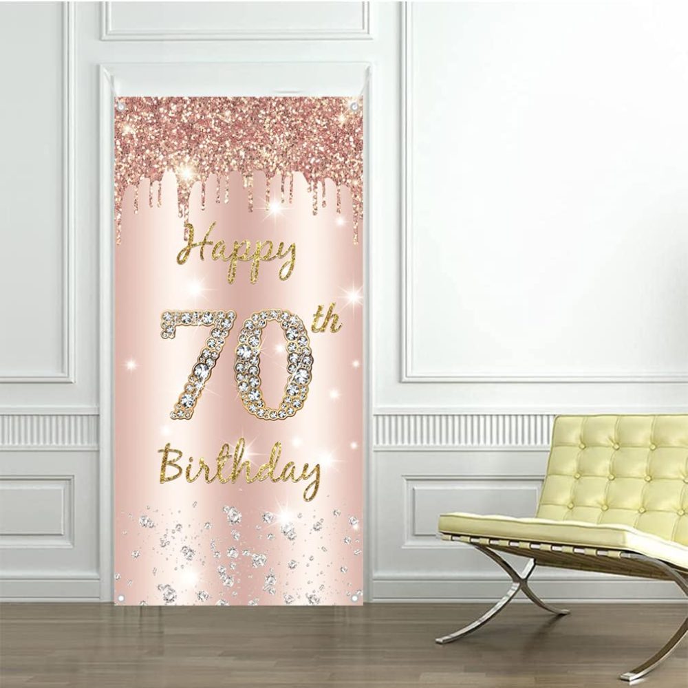 70th Birthday Decoration for Women, Happy 70th Birthday Backdrop Banner Rosegold Fabric Sign Poster, Woman 70th Birthday Decor Door Banner Party Welcome Sign - Image 3
