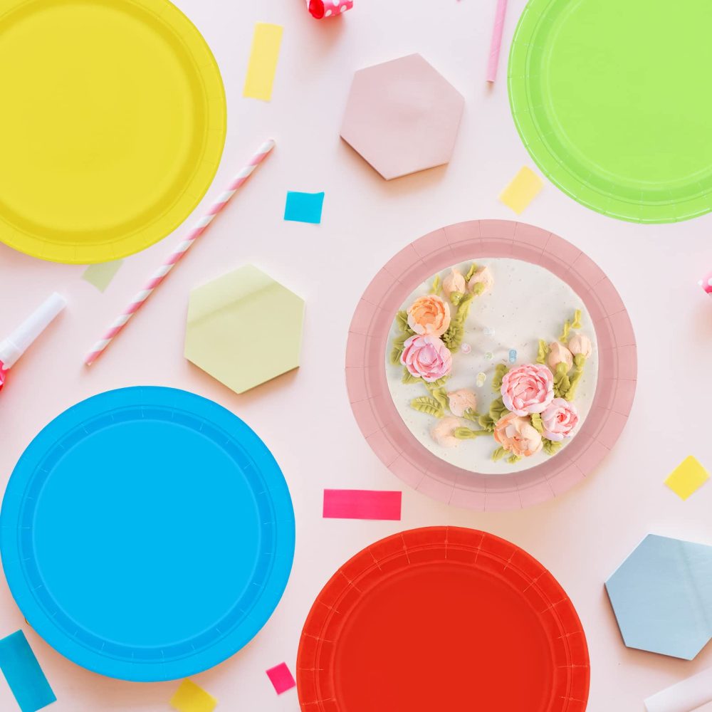 PARTY GO 50 Pcs 9" Multi-Color Paper Plates for Dinner and Dessert, Disposable Plates Party Supplies Pack for Graduation Holiday Wedding Birthday Party Decorations (Red Yellow Blue Green Pink) - Image 2
