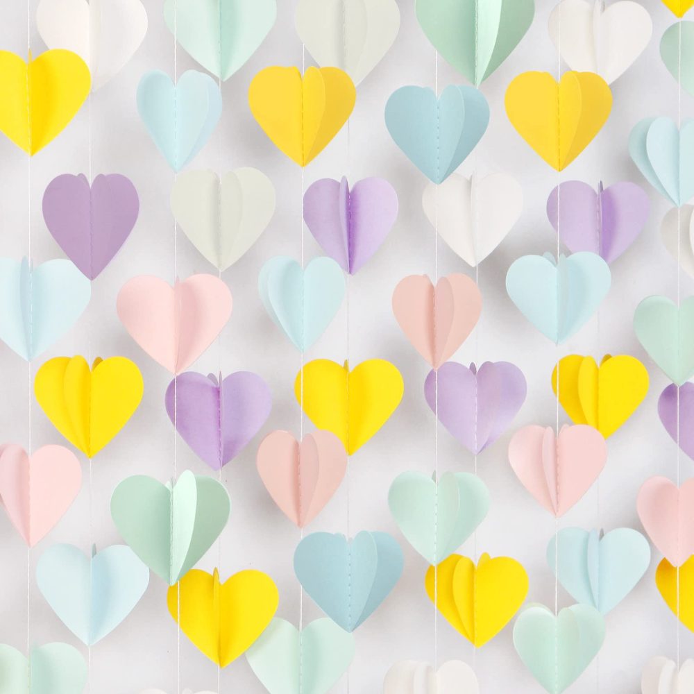 Pastel-Rainbow Party-Decorations 3D Heart Garland - 39Ft Yellow Blue Pink Purple Mint Hanging Paper Streamers Banner, Valentines Day Engagement Wedding Bachelorette Baby Bridal Shower Decor Lasting