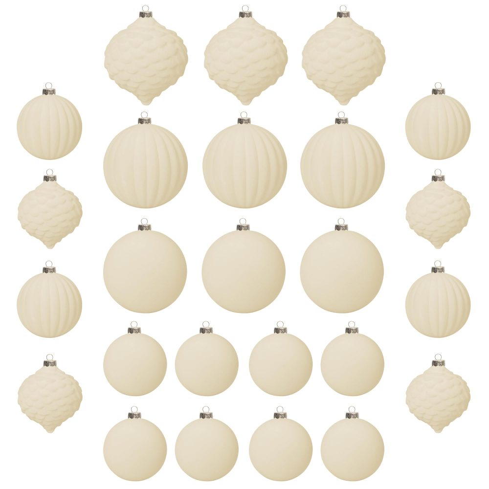 KI Store Cream White Velvet Christmas Baubles 25pcs Shatterproof Flocked Christmas Tree Ornaments 80mm 60mm Assorted for Xmas Tree Decorations (Cream)