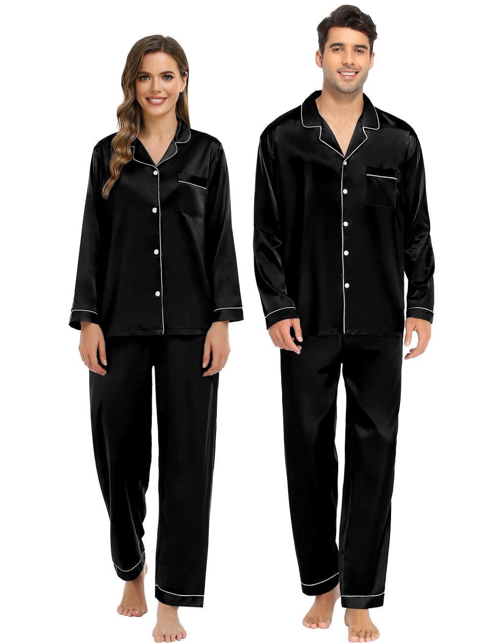 SWOMOG Mens Matching Pyjamas Set Silk Satin Button Down Sleepwear Long Sleeve Nightwear 2 Pcs Pj Set Men Black XX-Large