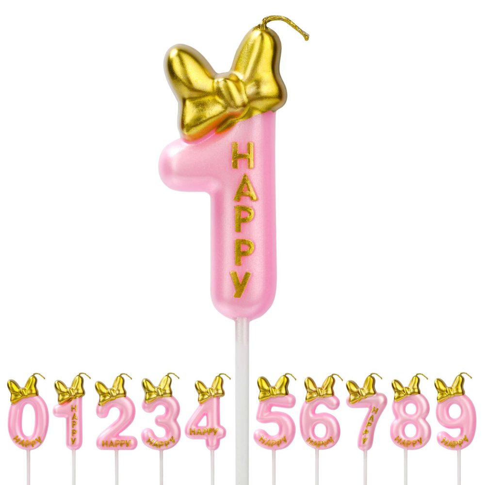 AOMIG Birthday Number Candle, 2.36 Inch Pink Number Candles, 3D Number Birthday Candles for Cake, Cake Bowknot Candles for Birthday Wedding Anniversary Celebrations Festival Party Supplies