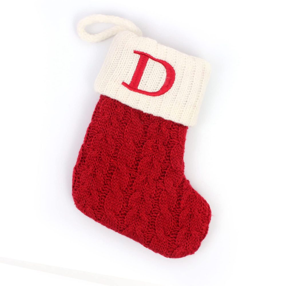 Christmas Stocking with Letter Monogram Mini Cute Christmas Stocking Decorative Socks Knitted Plush Gift Stocking for Family Holiday Party Decor (Red D, One Size)